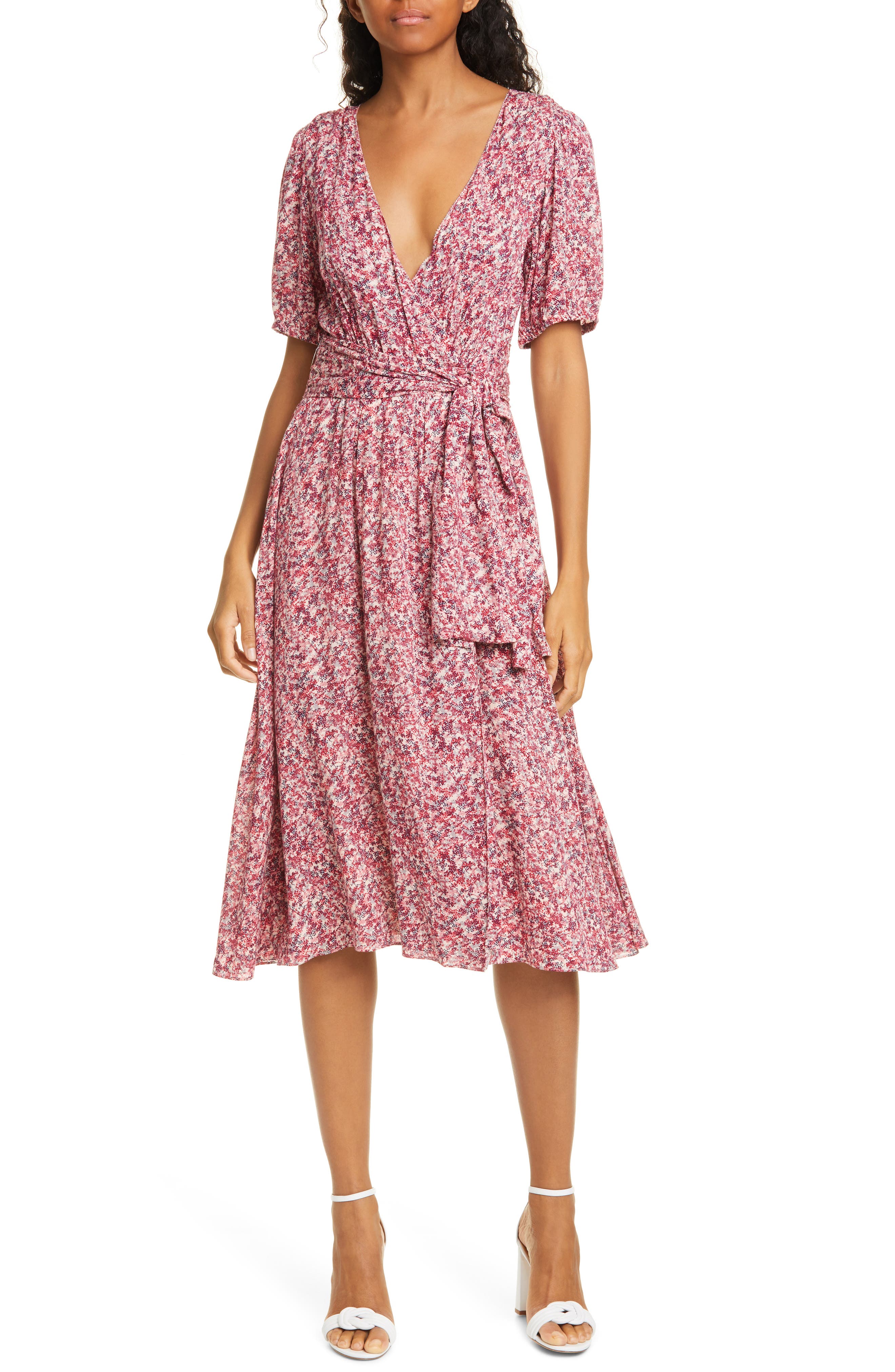 Ba\u0026sh Noemie Floral Short Sleeve Wrap Midi Dress In Fuchsia | ModeSens